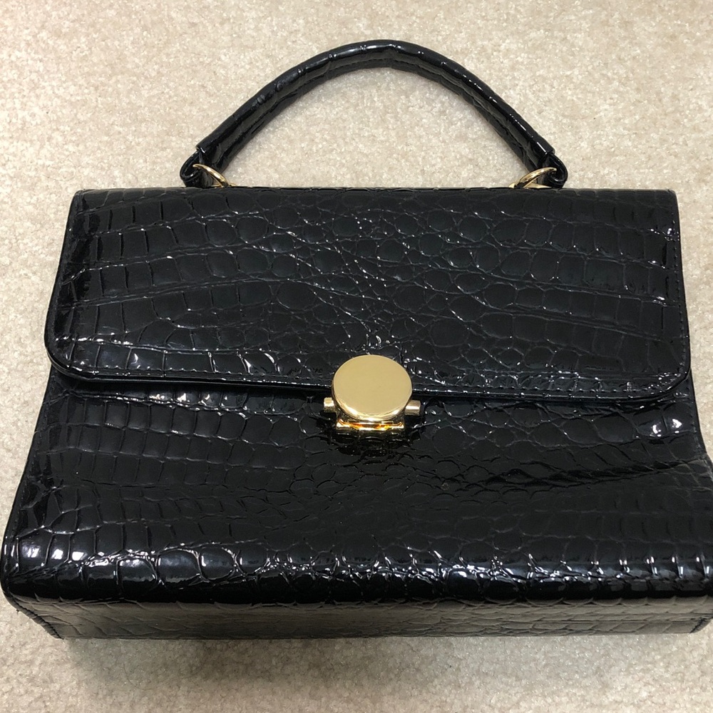 Croc embossed patent top handle bag